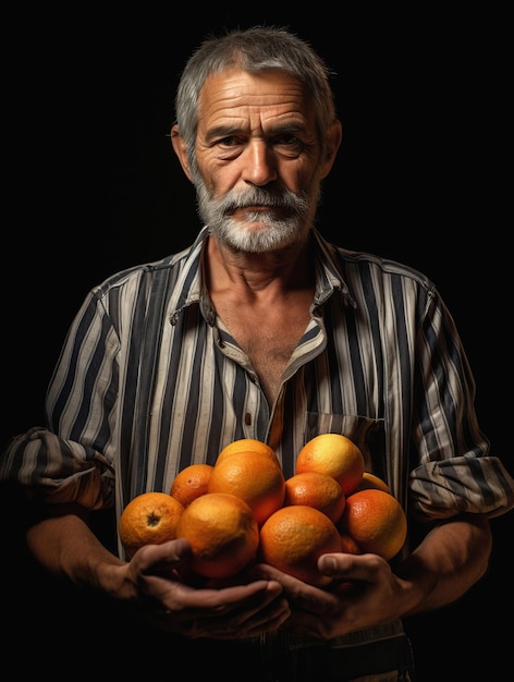 Viejo granjero con naranjas