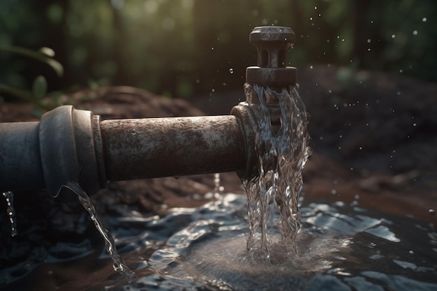 Un viejo grifo de agua oxidado con agua saliendo de él.