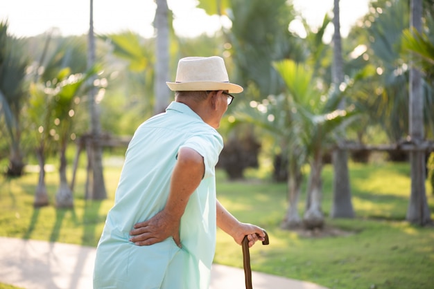 Viejo hombre asiático que camina en parque y que tiene un dolor de espalda, dolor de espalda.