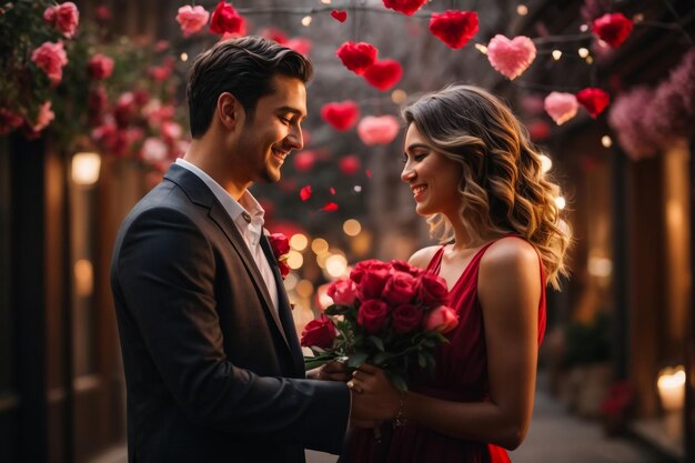 viejo hombre y mujer en feliz Día de San Valentín amor flor en la mano Ai imagen