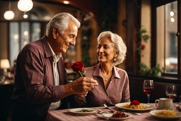 viejo hombre y mujer en feliz Día de San Valentín amor flor en la mano Ai imagen