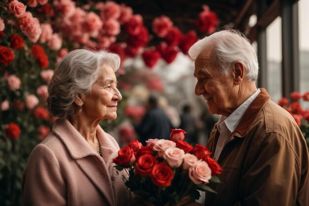 viejo hombre y mujer en feliz Día de San Valentín amor flor en la mano Ai imagen