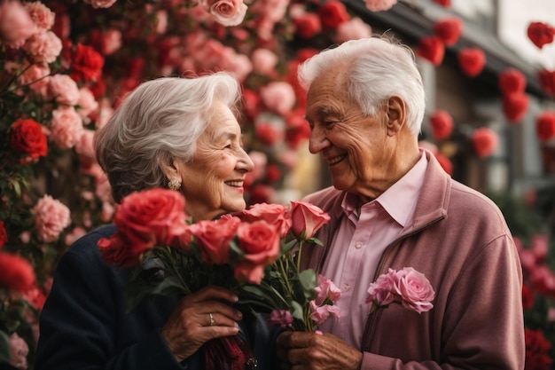 viejo hombre y mujer en feliz Día de San Valentín amor flor en la mano Ai imagen