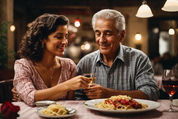 viejo hombre y mujer en feliz Día de San Valentín amor flor en la mano Ai imagen