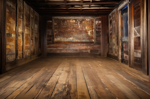 Viejo interior de madera con pared grunge y piso de madera IA generativa