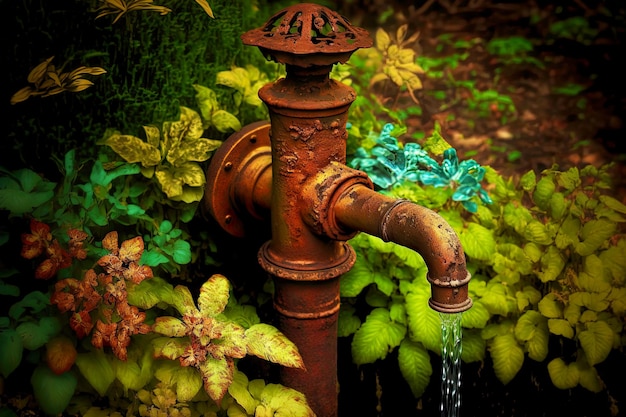 Del viejo y oxidado grifo de jardín grande fluye agua para regar