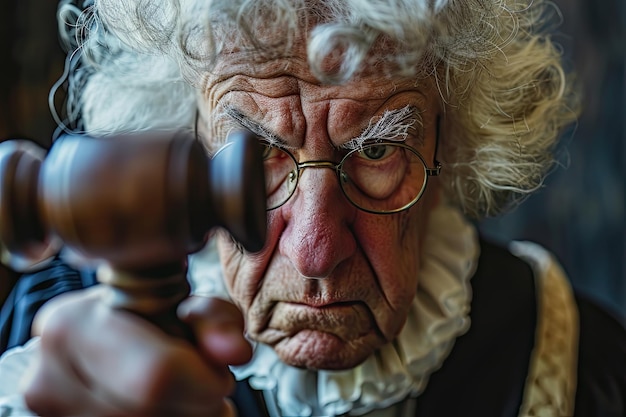 El viejo juez malhumorado cara de primer plano el juez malvado con martillo y peluca el retrato del abogado malvado