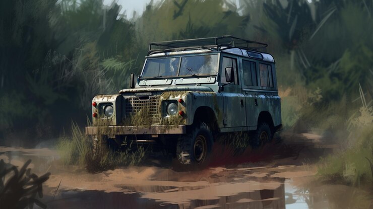 Foto un viejo land rover conduce por una zona fangosa.