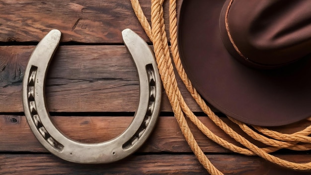 Foto viejo lazo de herradura y sombrero de vaquero en el fondo