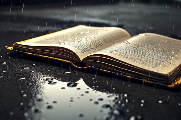 Un viejo libro está en el suelo bajo la lluvia.