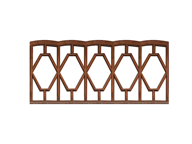 Viejo marco de ventana de madera decorativo de forma marrón oscuro largo horizontal con muchas fajas aisladas sobre fondo blanco