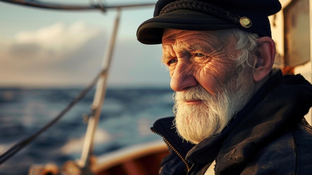 Un viejo marinero con una cara desgastada mira hacia el mar