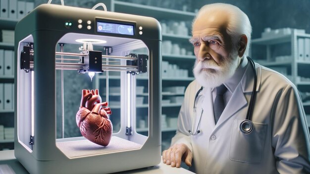 El viejo médico y la nueva era Impresión 3D de un corazón a la luz del progreso médico