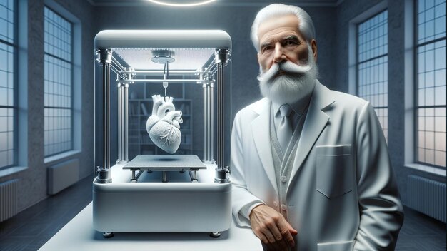 El viejo médico y la nueva era Impresión 3D de un corazón a la luz del progreso médico