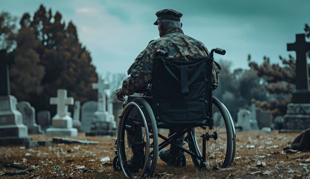 Un viejo militar en silla de ruedas en el cementerio