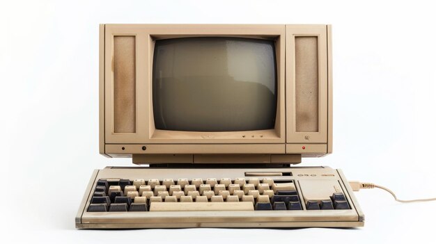 Un viejo monitor de computadora se sienta en un escritorio de madera el monitor está apagado y el teclado falta la computadora es vieja y tiene un aspecto vintage