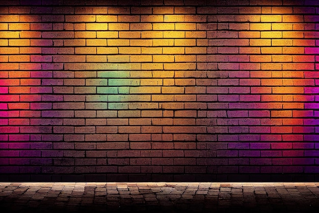 Viejo muro de ladrillo con luces de neón de colores en la noche ilustración 3D