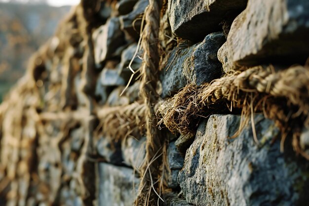 Foto viejo muro de piedra con cuerda de primer plano enfoque selectivo