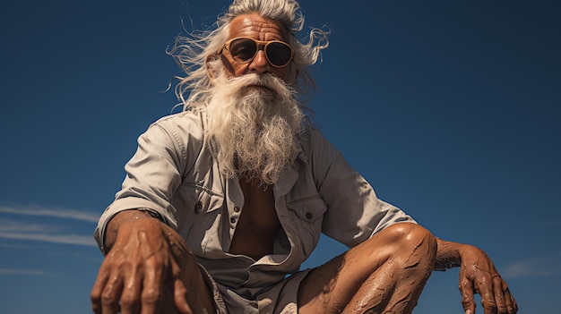 VIEJO DE PELO Y BARBA BLANCOS DISFRUTANDO DE LA VIDA