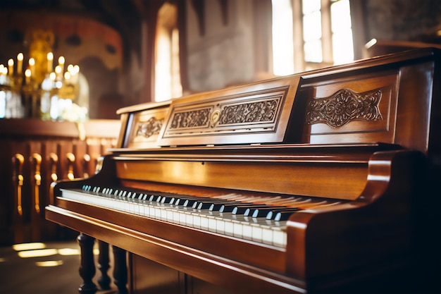 Viejo piano en una iglesia de cerca piano de madera