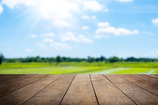 Viejo piso de madera al lado del campo de arroz verde natural y cielo azul borroso con fondo de nube blanca