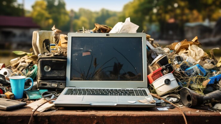 viejo portátil y teclado en una caja con viejas computadoras y aparatos para reciclar planeado
