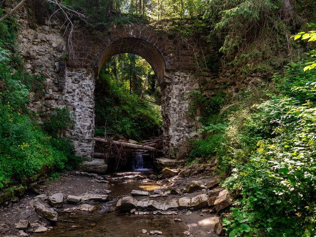 Viejo puente arqueado de piedra destruido sobre un pequeño río en un bosque de montaña