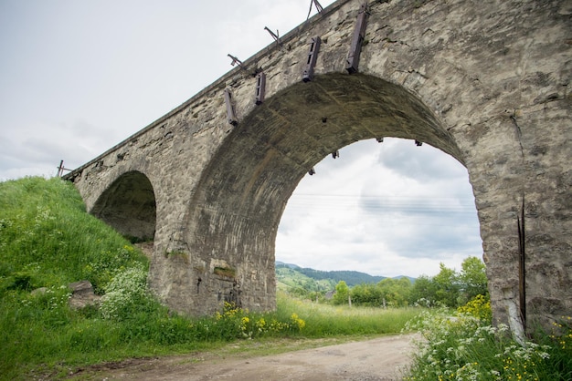 Viejo puente ferroviario de piedra entre abetos