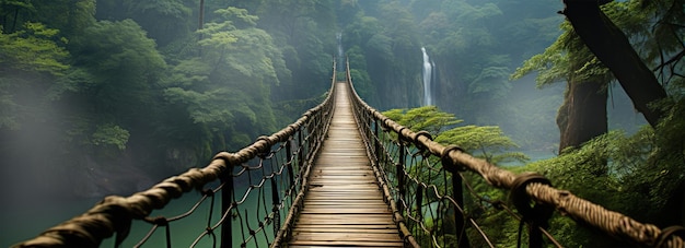 Un viejo puente largo alto sobre un río hecho con cuerdas y madera en un bosque primario con niebla
