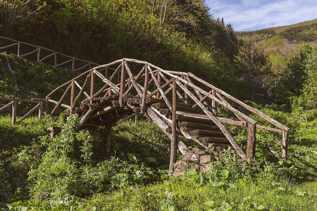 viejo puente de madera desgastado en verano