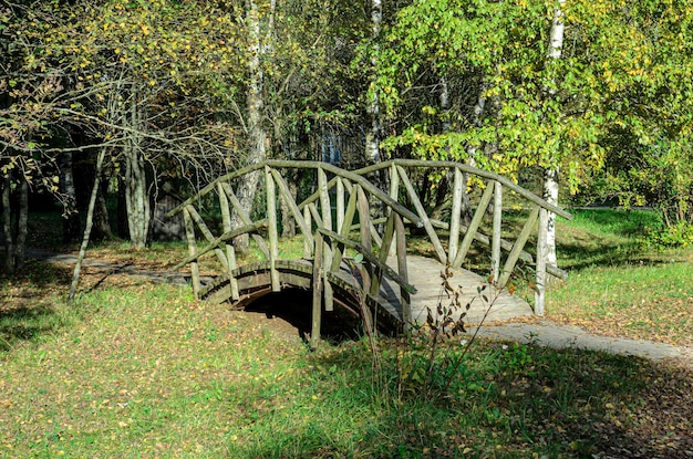 un viejo puente de madera sobre un cauce