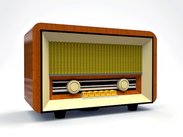 Viejo receptor de radio de tubo vintage de madera y plástico crema sobre un fondo blanco. Radio antigua de mediados del siglo XX