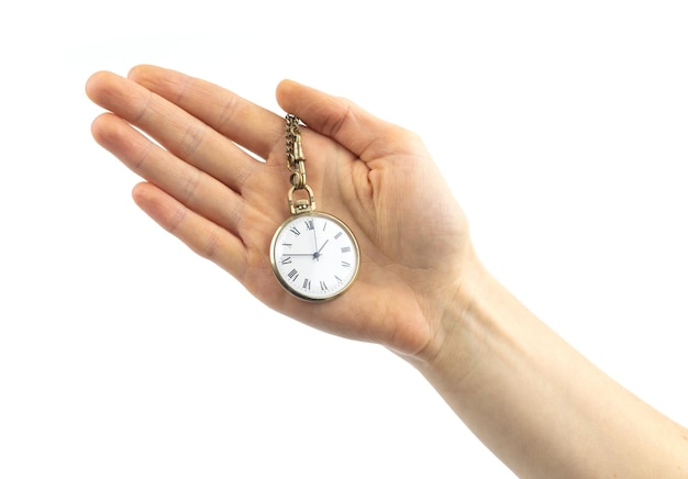 Foto viejo reloj de bolsillo en la mano de una mujer espacio negativo copiar espacio para texto