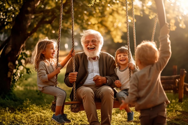 Viejo riendo con sus nietos en un columpio en el parque