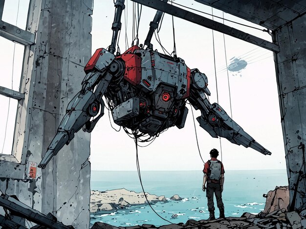 un viejo robot megalítico con la mitad inferior faltante es sostenido por una serie de cables