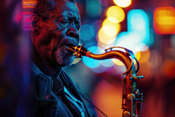 Foto un viejo saxofonista toca jazz en una calle de la ciudad iluminada por neón por la noche creando una atmósfera serena aig58
