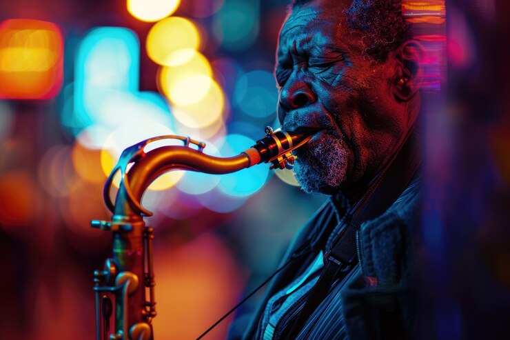 Foto un viejo saxofonista toca jazz en una calle de la ciudad iluminada por neón por la noche creando una atmósfera serena