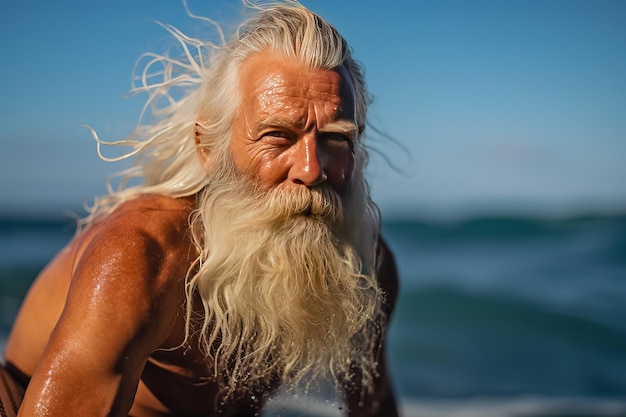 Un viejo surfista barbudo posando en el surf