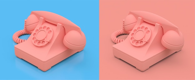 Viejo teléfono de línea rosa sobre un fondo rosa y azul. Ilustración 3D.