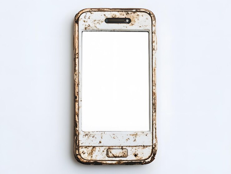 Un viejo teléfono móvil sucio y oxidado con una pantalla en blanco