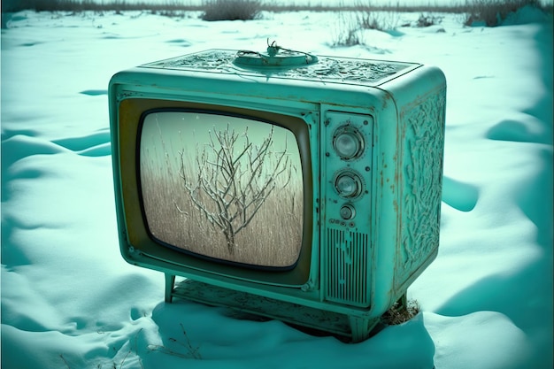 Viejo televisor congelado en la naturaleza invernal creado con ai generativo