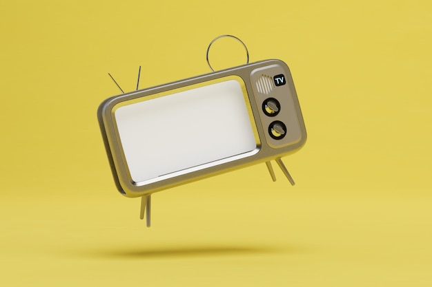 Viejo televisor vintage con una antena sobre un fondo amarillo copiar pegar copiar espacio 3D render