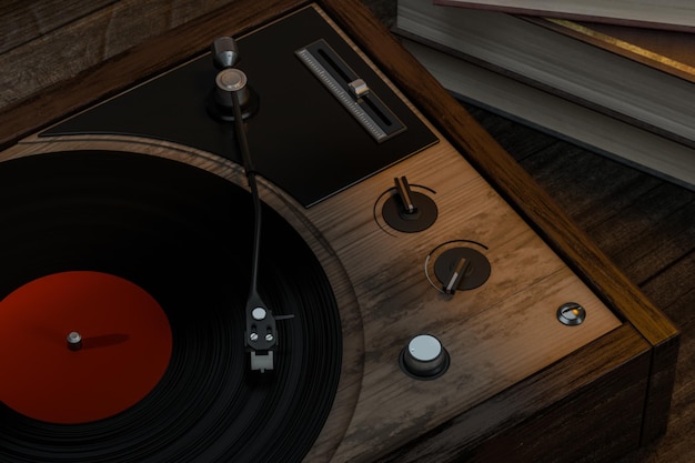 El viejo tocadiscos de vinilo de madera sobre la mesa 3D rendering