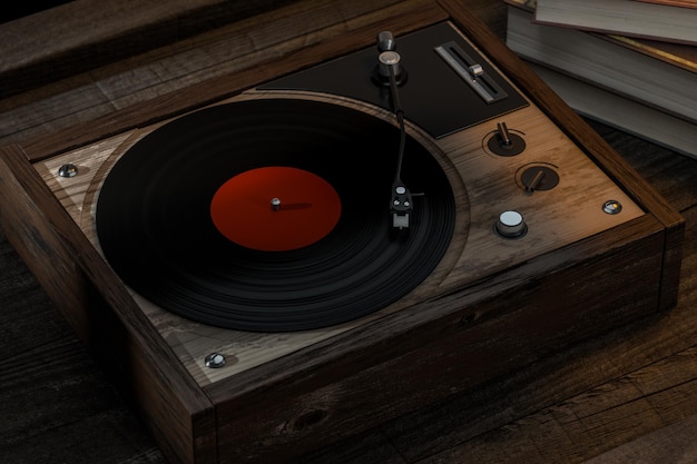 El viejo tocadiscos de vinilo de madera sobre la mesa 3D rendering