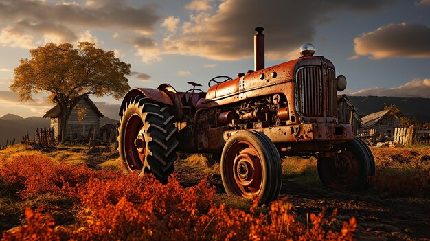 Viejo tractor en el campo de hierba