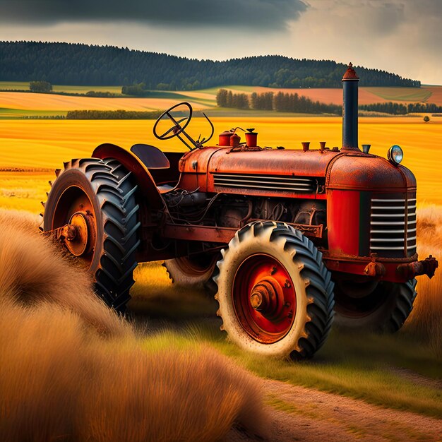 Un viejo tractor oxidado en el campo.