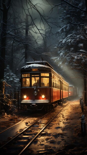 Un viejo tranvía atravesando un bosque invernal Aigenerated
