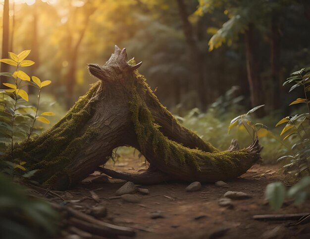 Foto el viejo tronco de árbol en el bosque con musgo verde y la luz del sol por la mañana generativo ai