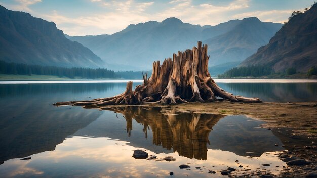 El viejo tronco de árbol en el lago