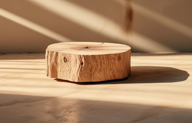 un viejo tronco de madera sentado en un piso de mármol con una sombra